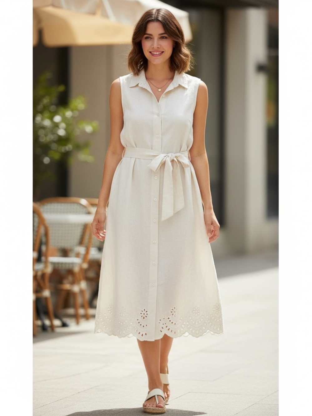 Old Navy | Linen blend eyelet hem cream sleeveless midi shirt dress size XL